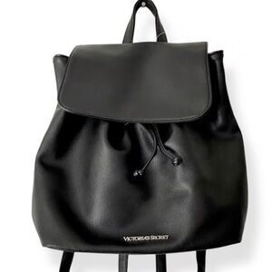 Victoria’s Secret Black Vegan Leather Full Size Drawstring Backpack Rare Collect